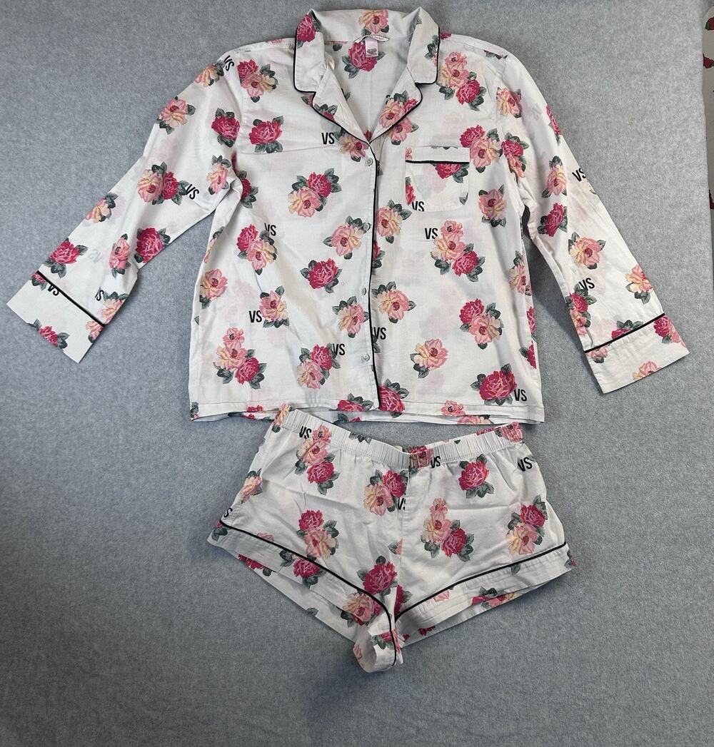 Victorias's Secret VS Floral Pajama Set L Pink Cotton Poplin Glitter Shorts